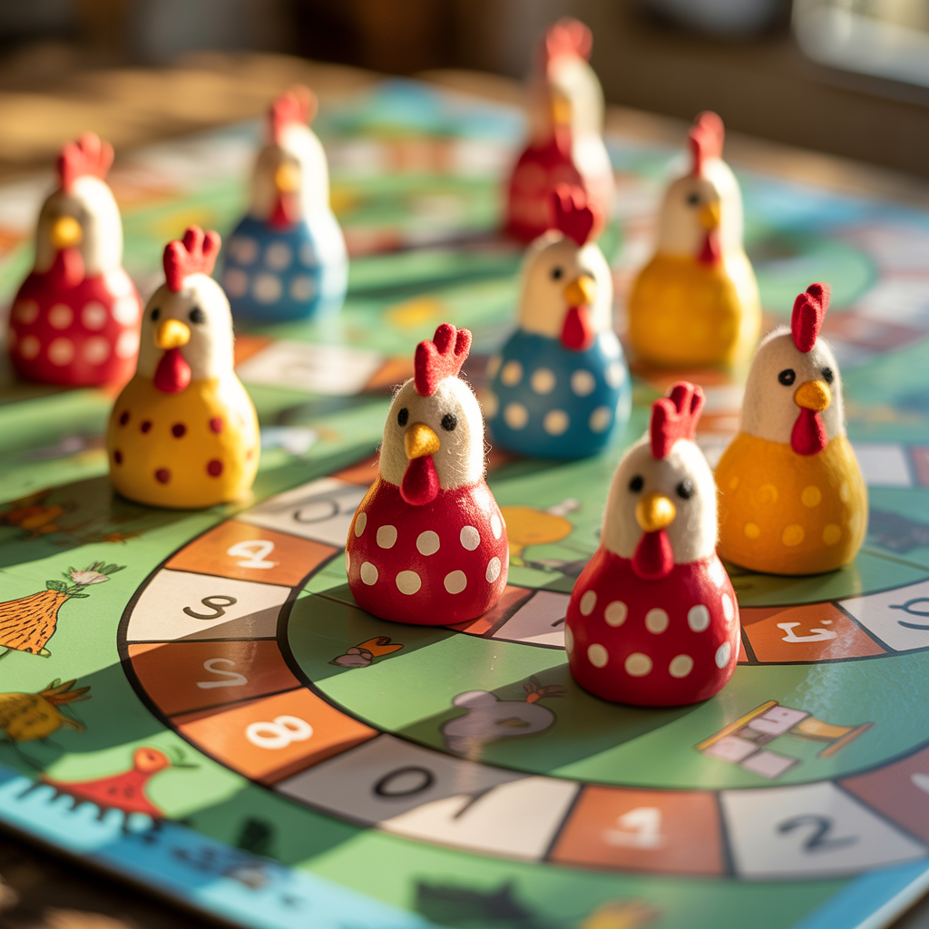 Close up of colorful Chicken Road game pieces on the board