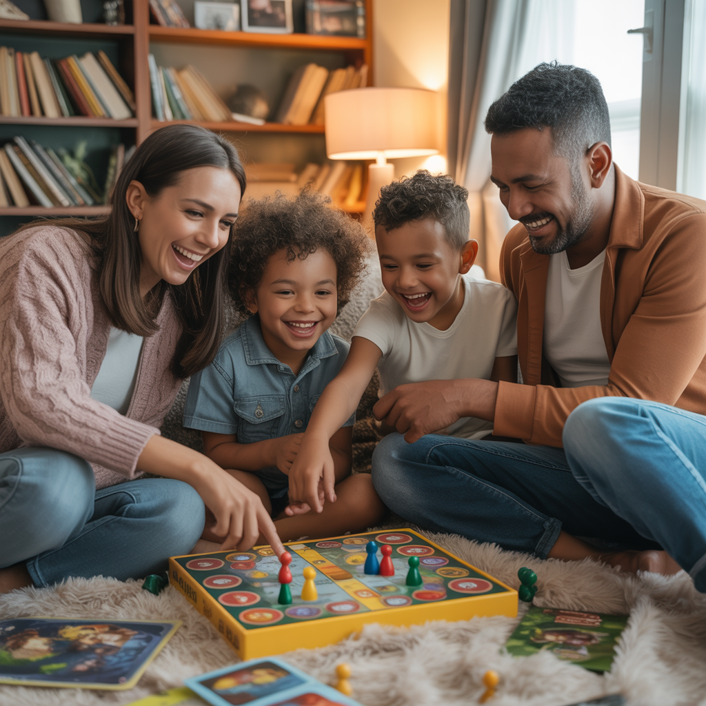 Family laughing while playing Chicken Road board game
