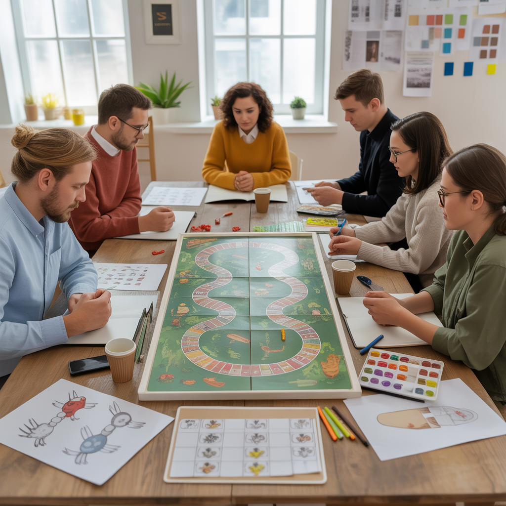 A diverse group of people collaborating on a board game design, sketches and colorful components on table.