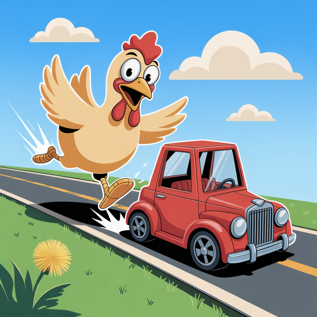 Chicken dodging a car